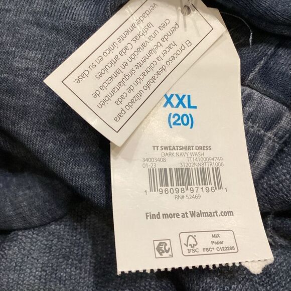 NWT Time and tru indigo blue sweatshirt dress elastic waist XXL - Picture 7 of 8